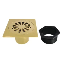 Sunburst 4" Brass Square Grid Shower Drain with Flange and Hair Trap