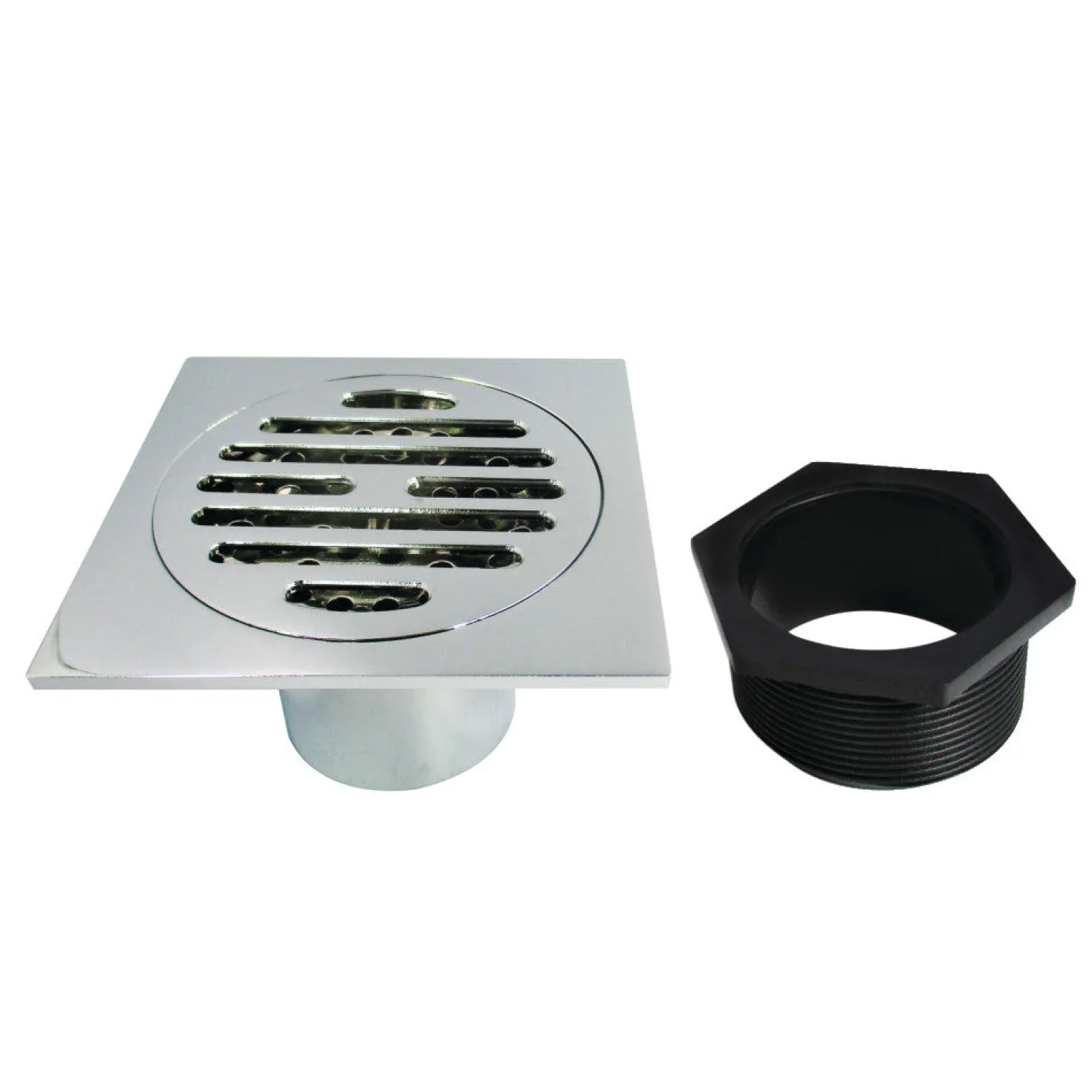 Symmetric 4" Brass Square Grid Shower Drain with Flange and Hair Trap