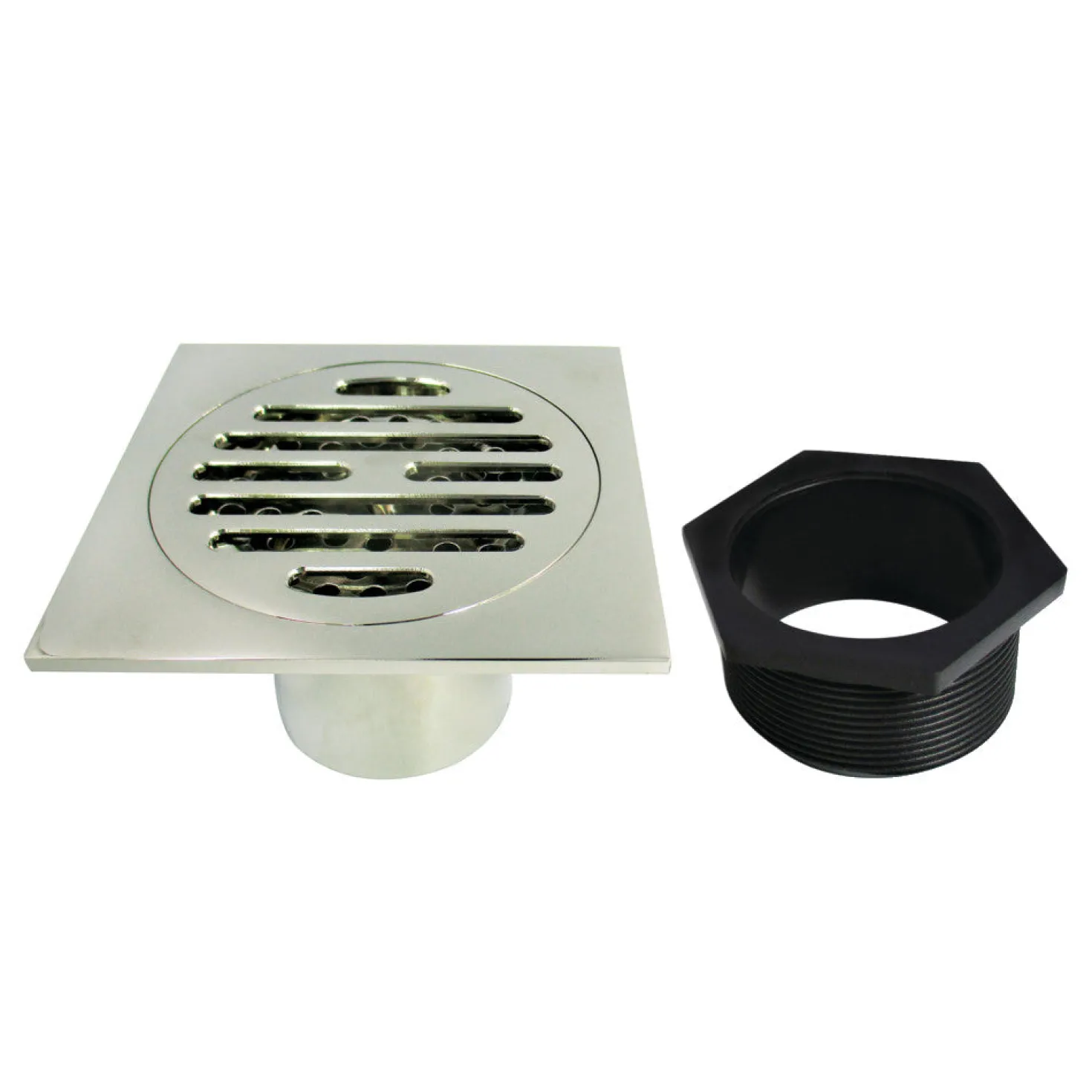 Symmetric 4" Brass Square Grid Shower Drain with Flange and Hair Trap