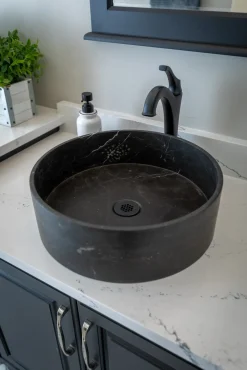 Thin Lip Round Nero Marquino Marble Column Vessel Sink