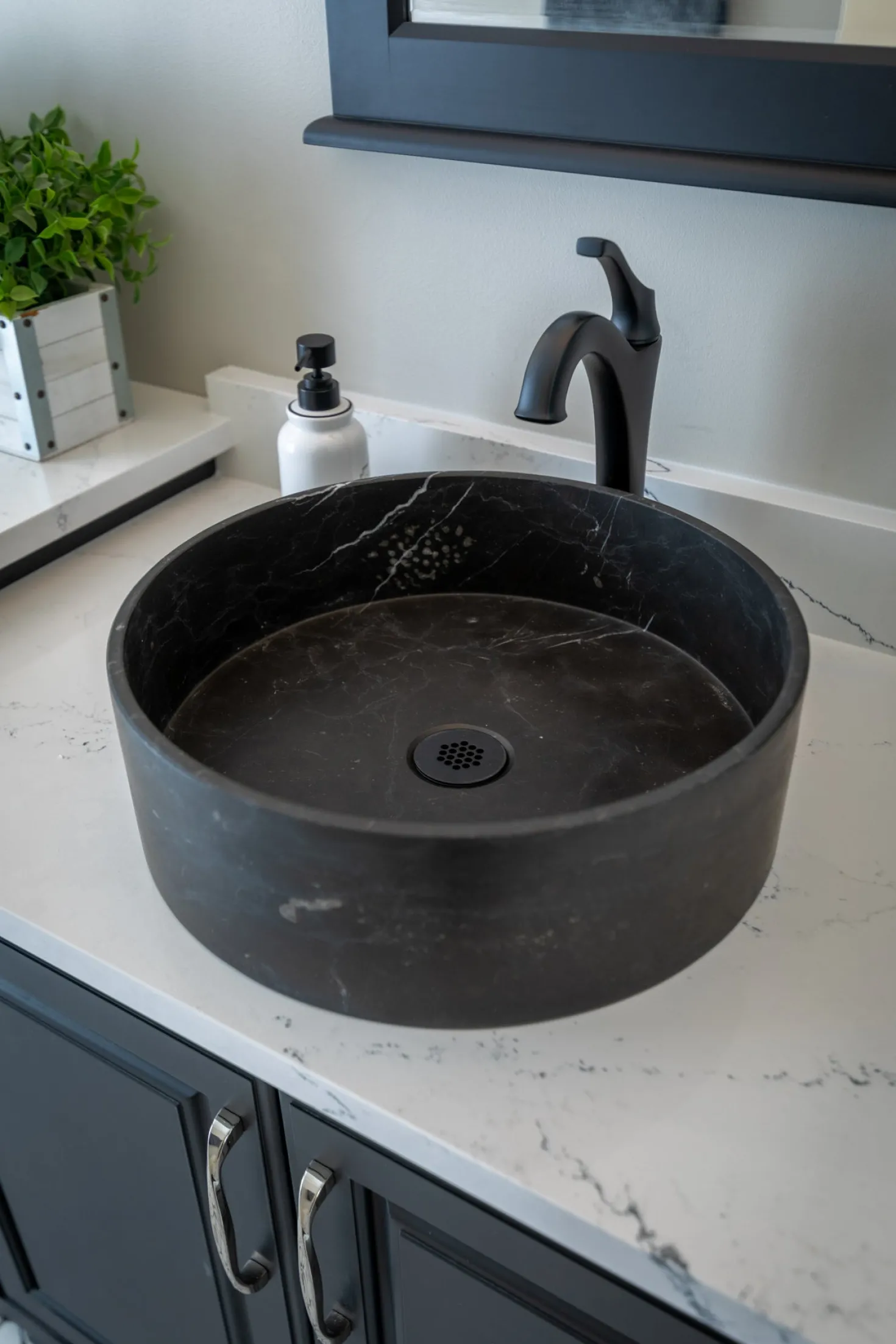 Thin Lip Round Nero Marquino Marble Column Vessel Sink