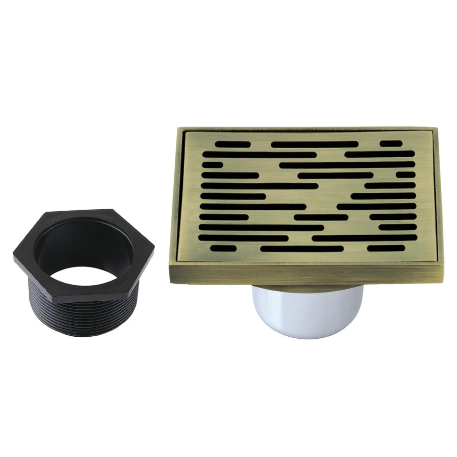 Transit 4" Brass Square Grid Shower Drain with Flange and Hair Trap