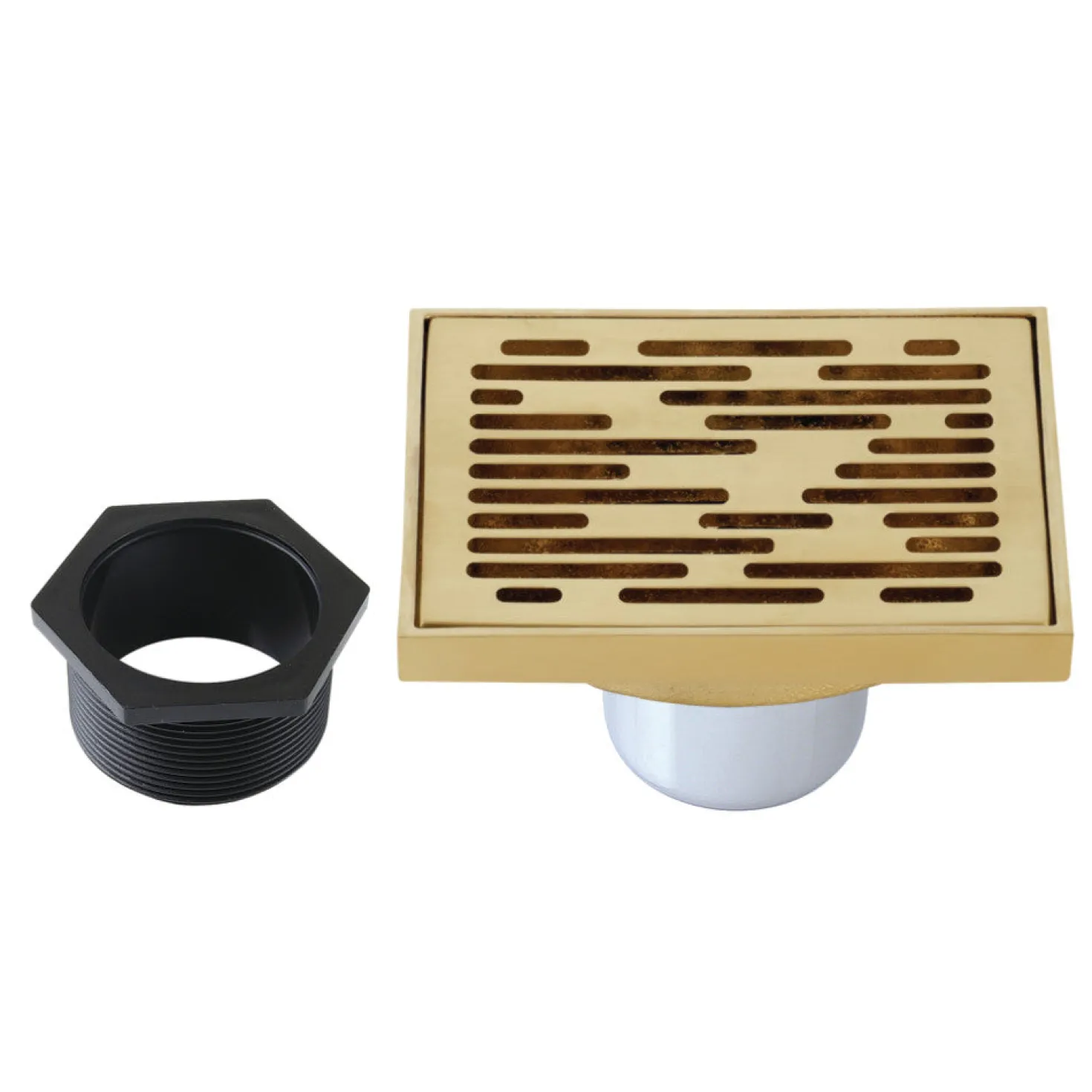 Transit 4" Brass Square Grid Shower Drain with Flange and Hair Trap
