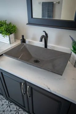Ultra Modern Rectangular Vessel Sink in Honed Pietra Grey Marble