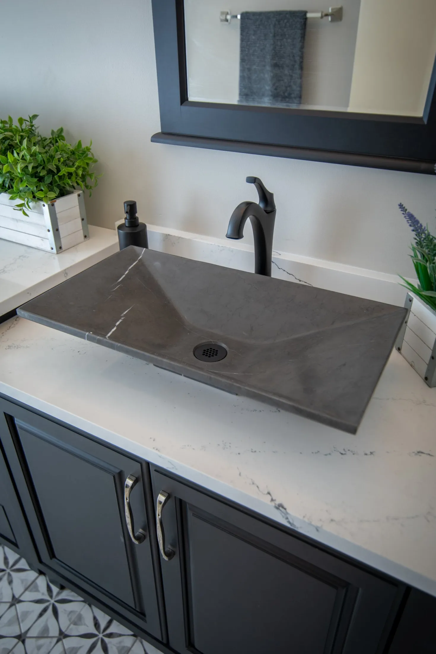 Ultra Modern Rectangular Vessel Sink in Honed Pietra Grey Marble
