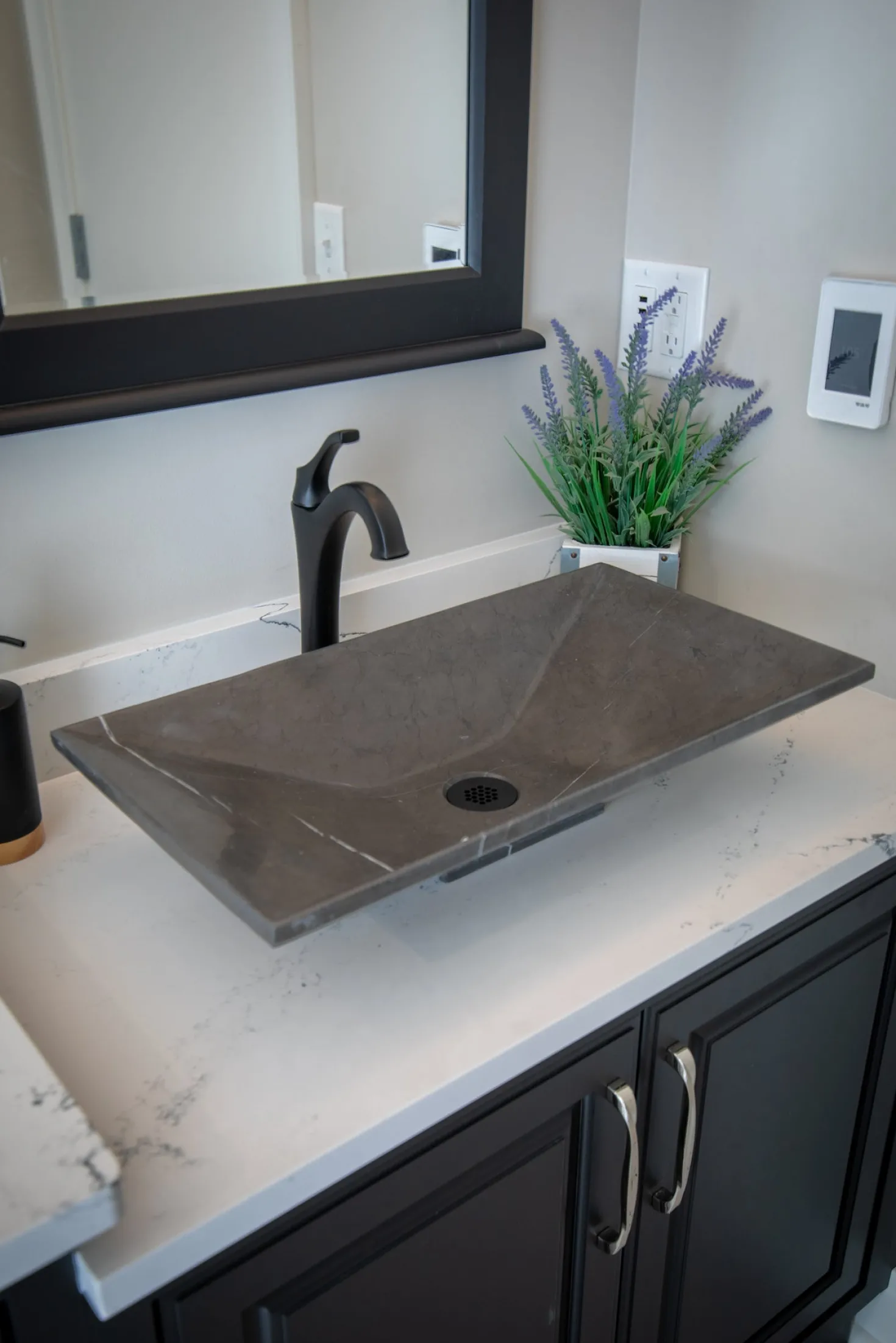 Ultra Modern Rectangular Vessel Sink in Honed Pietra Grey Marble