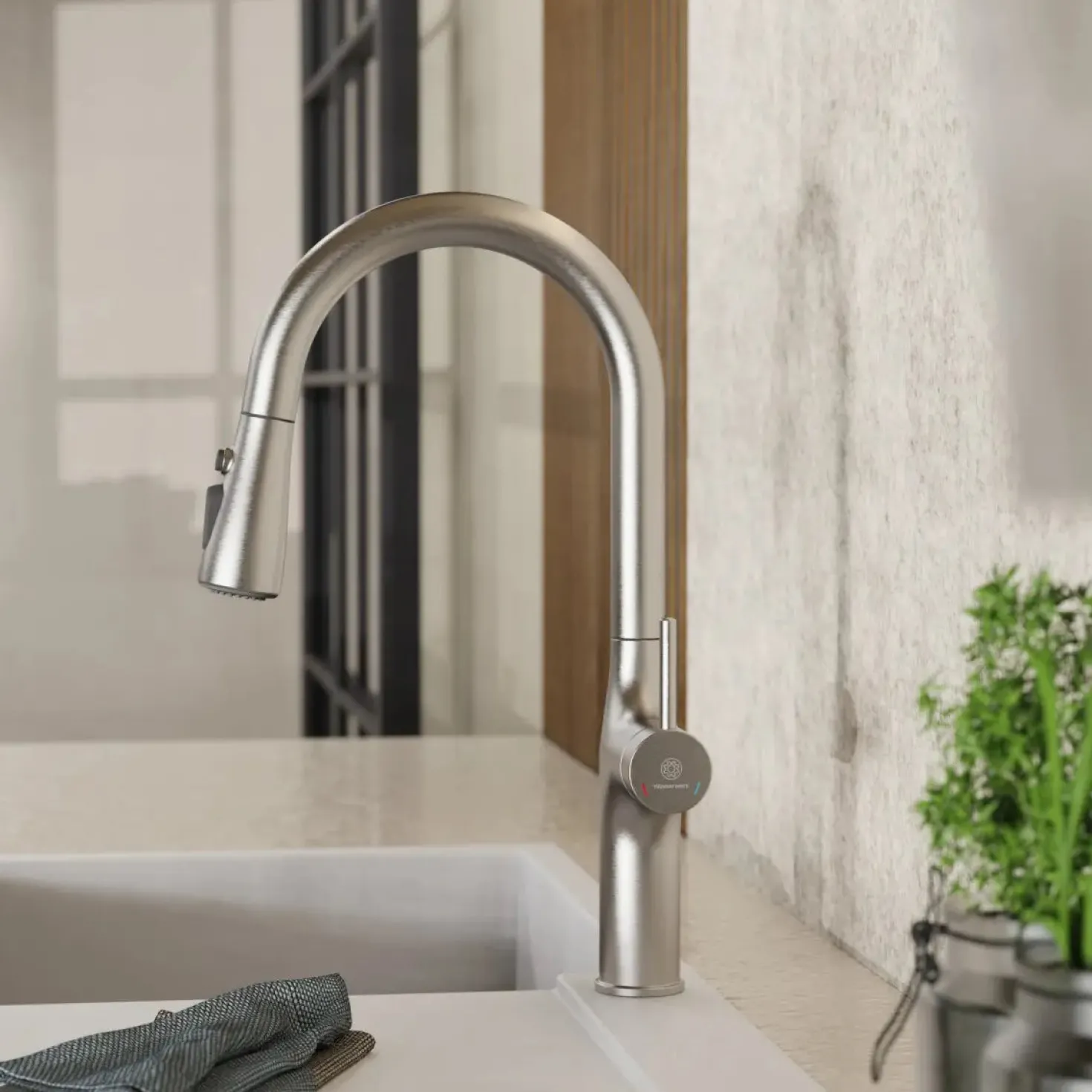 Wasserwerk Arched Pull-Down Kitchen Faucet in Brushed Nickel