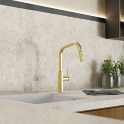 Wasserwerk Kitchen Faucet with Angled Spout Pull-Down Sprayer in Brushed Gold