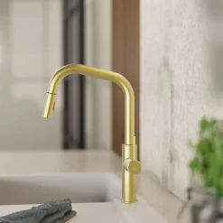 Wasserwerk Kitchen Faucet with Angled Spout Pull-Down Sprayer in Brushed Gold