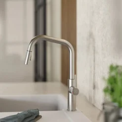 Wasserwerk Kitchen Faucet with Angled Spout Pull-Down Sprayer in Brushed Nickel