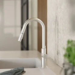 Wasserwerk Kitchen Faucet with Curved Pull-Down Spout in Brushed Nickel