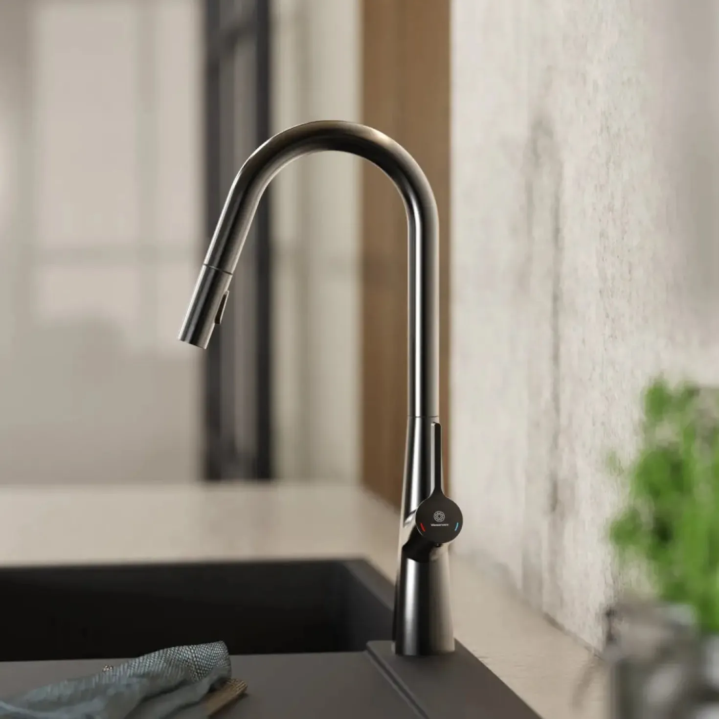 Wasserwerk Kitchen Faucet with Curved Spout Pull-Down Sprayer in Matte Graphite