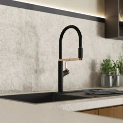 Wasserwerk Single Hole Pull Down Kitchen Faucet | Matte Black & Rose Gold