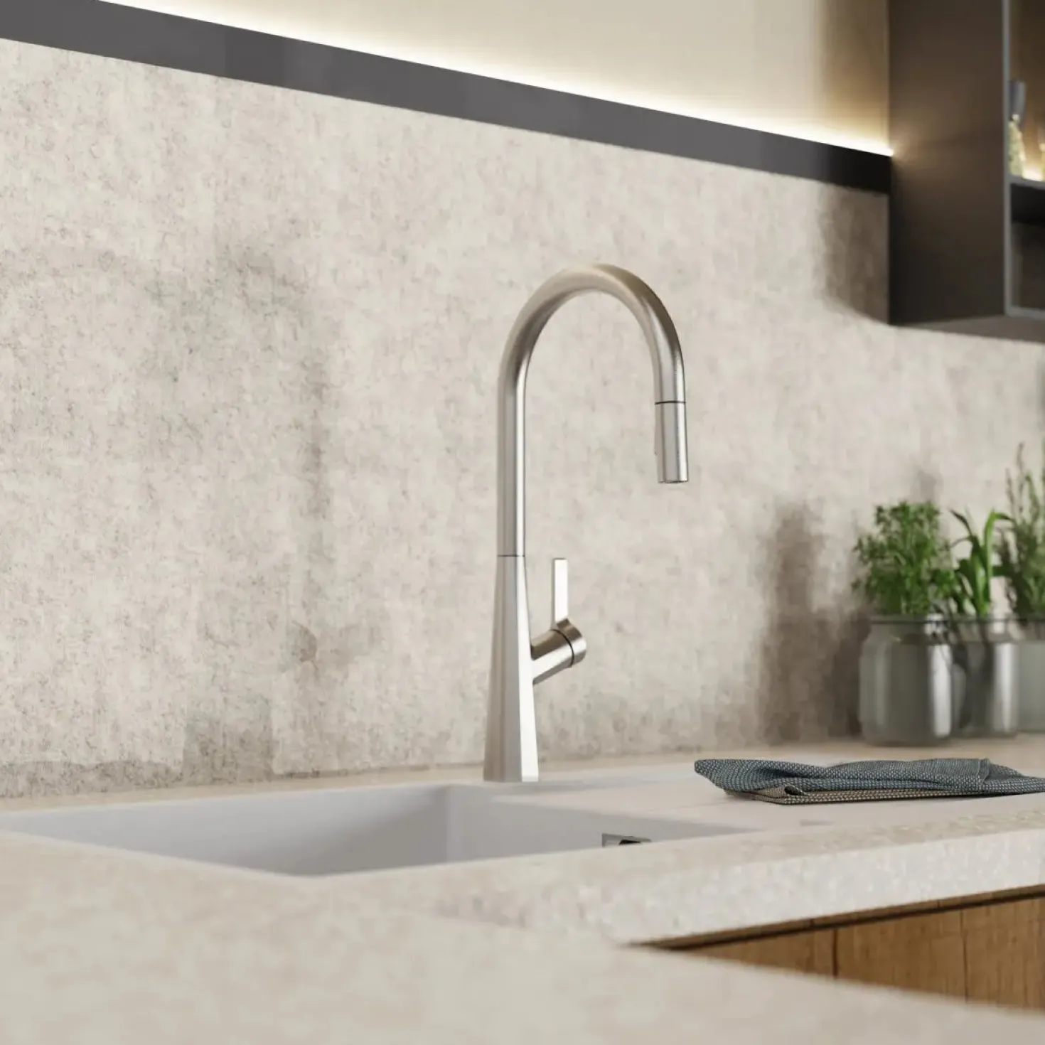 Wasserwerk Single Hole Pull Down Kitchen Faucet in Brushed Nickel