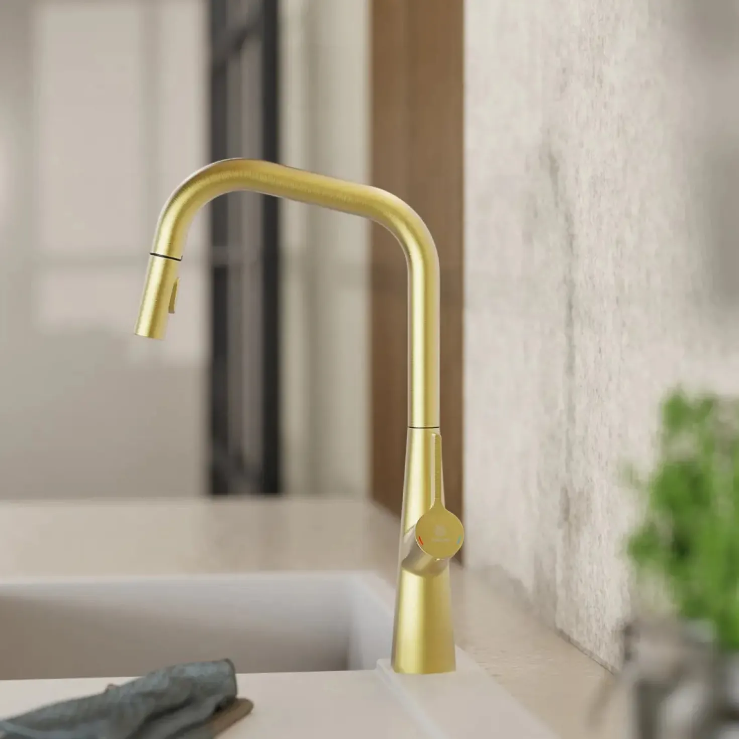 Wasserwerk Single Hole Pull Down Kitchen Faucet in Brushed Gold