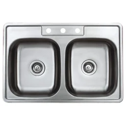 Wells Sinkware 33" 20-Gauge Drop-in 3-Hole 50/50 Double Bowl ADA Compliant Stainless Steel Kitchen Sink with Strainers