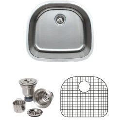 Wells Sinkware 24" 16-Gauge Undermount D-shaped Single Bowl Stainless Steel Kitchen Sink with Grid Rack and Basket Strainer
