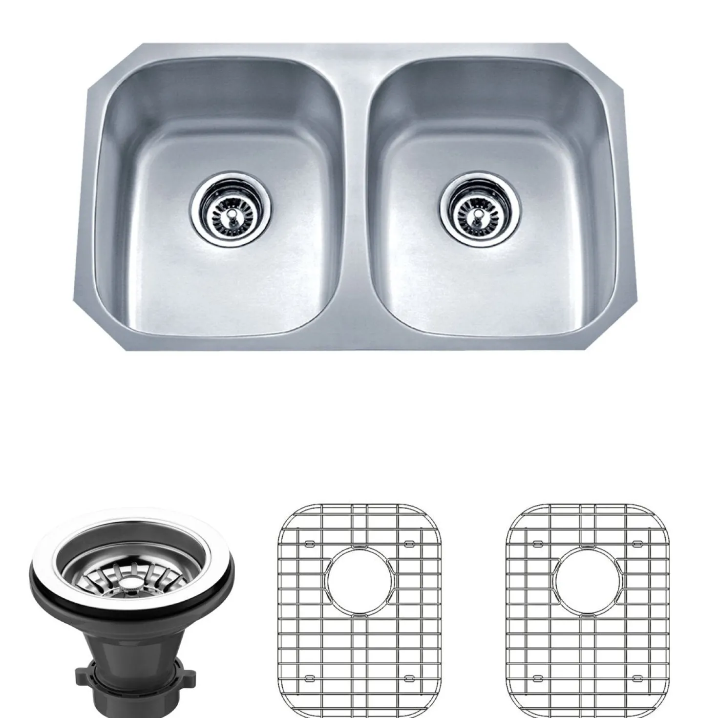 Wells Sinkware 30" 18-Gauge Undermount 50/50 Double Bowl Stainless Steel Kitchen Sink with Grid Rack and Strainer