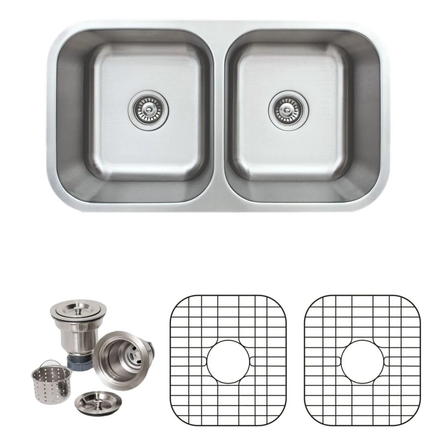 Wells Sinkware 33" 18-Gauge Undermount 50/50 Double Bowl Stainless Steel Kitchen Sink with Grid Rack and Basket Strainer
