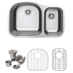 Wells Sinkware 32" 18-Gauge Undermount Double Bowl Stainless Steel Kitchen Sink with Grid Rack and Basket Strainer
