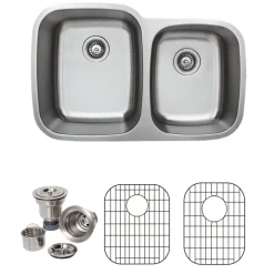 Wells Sinkware 32" 18-Gauge Undermount Double Bowl Stainless Steel Kitchen Sink with Grid Rack and Basket Strainer