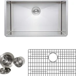 Wells Sinkware Handcrafted 30" 16-Gauge Undermount Single Bowl Stainless Steel Kitchen Sink with Grid Rack and Basket Strainer
