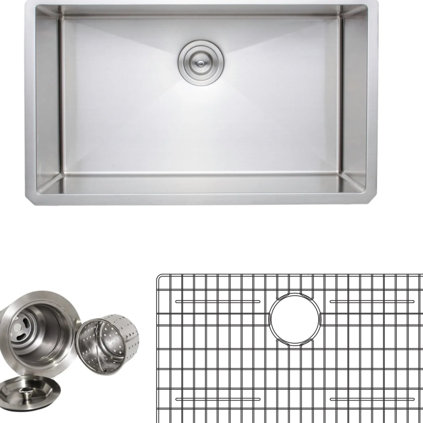 Wells Sinkware Handcrafted 30" 16-Gauge Undermount Single Bowl Stainless Steel Kitchen Sink with Grid Rack and Basket Strainer