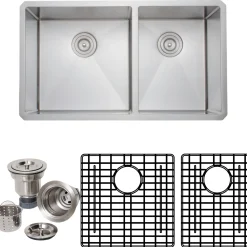 Wells Sinkware Handcrafted 33" 16-Gauge Undermount 60/40 Double Bowl Stainless Steel Kitchen Sink with Grid Racks and Basket Strainers