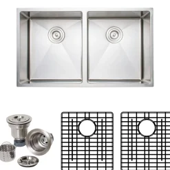 Wells Sinkware Handcrafted 33" 16-Gauge Undermount 50-50 Double Bowl Stainless Steel Kitchen Sink with Grid Rack and Basket Strainer