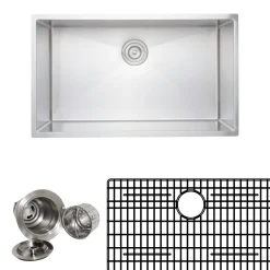Wells Sinkware Handcrafted 32" 16-Gauge Undermount Single Bowl Stainless Steel Kitchen Sink with Grid Rack and Basket Strainer