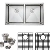 Wells Sinkware Handcrafted 33" 16-Gauge Apron Front Farmhouse 50-50 Double Bowl Stainless Steel Kitchen Sink with Grid Rack and Basket Strainer