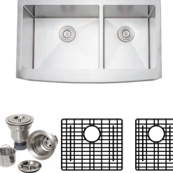Wells Sinkware Handcrafted 36" 16-Gauge Arched Apron Front Farmhouse 60/40 Double Bowl Stainless Steel Kitchen Sink with Grid Racks and Basket Strainers