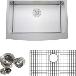 Wells Sinkware Handcrafted 30" 16-Gauge Arched Apron Front Farmhouse Single Bowl Stainless Steel Kitchen Sink with Grid Rack and Basket Strainer