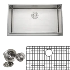 Wells Sinkware Handcrafted 33" 16-Gauge Apron Front Farmhouse Single Bowl Stainless Steel Kitchen Sink with Grid Rack and Basket Strainer