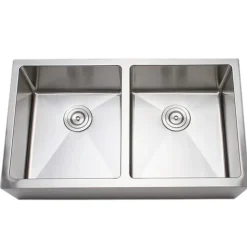 Wells Sinkware Handcrafted 33" 16-Gauge Apron Front Farmhouse 50-50 Double Bowl Stainless Steel Kitchen Sink